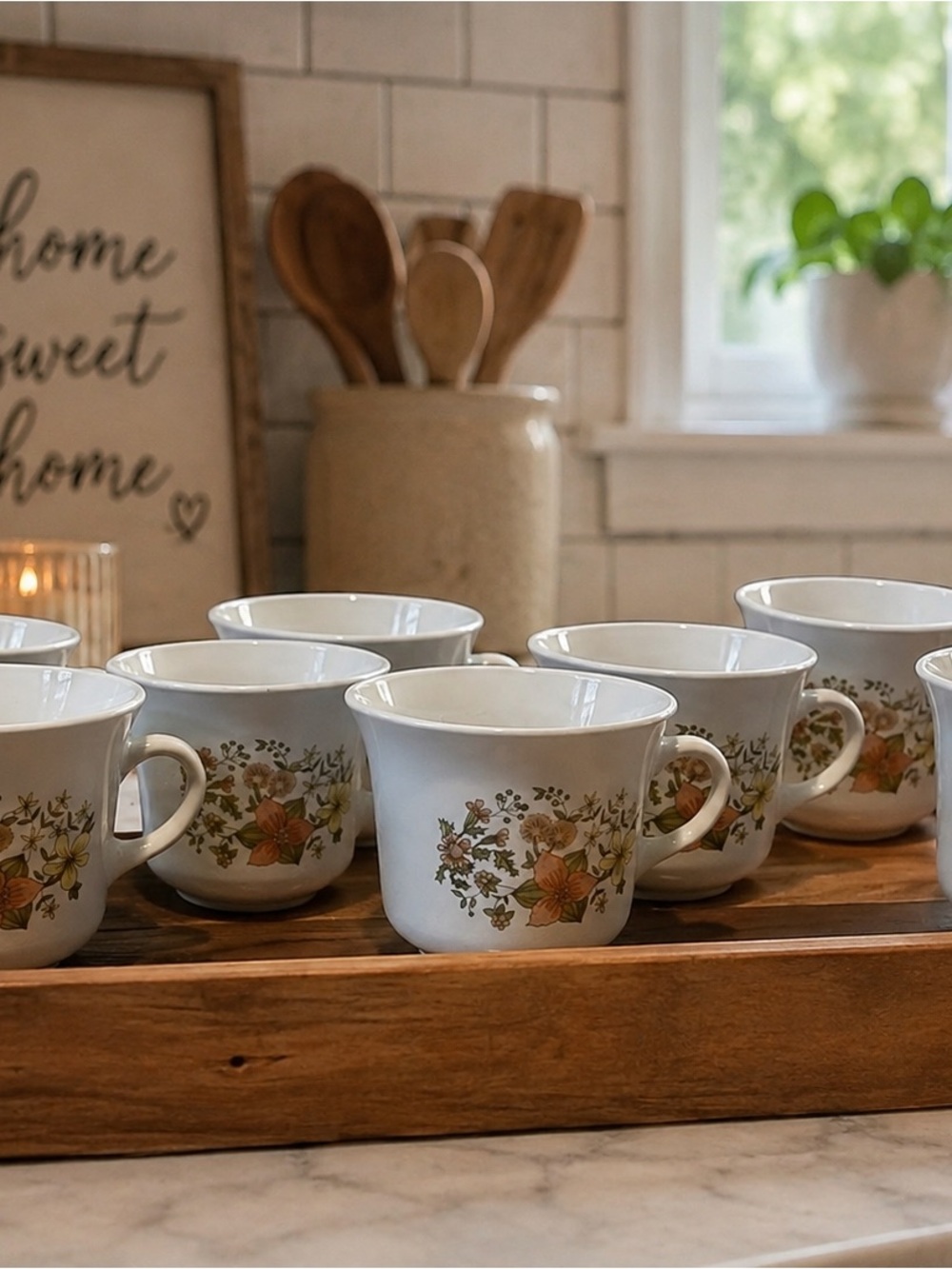 Vintage Antique Corelle White Mugs  set of 8 w Orange and Green Floral Pattern